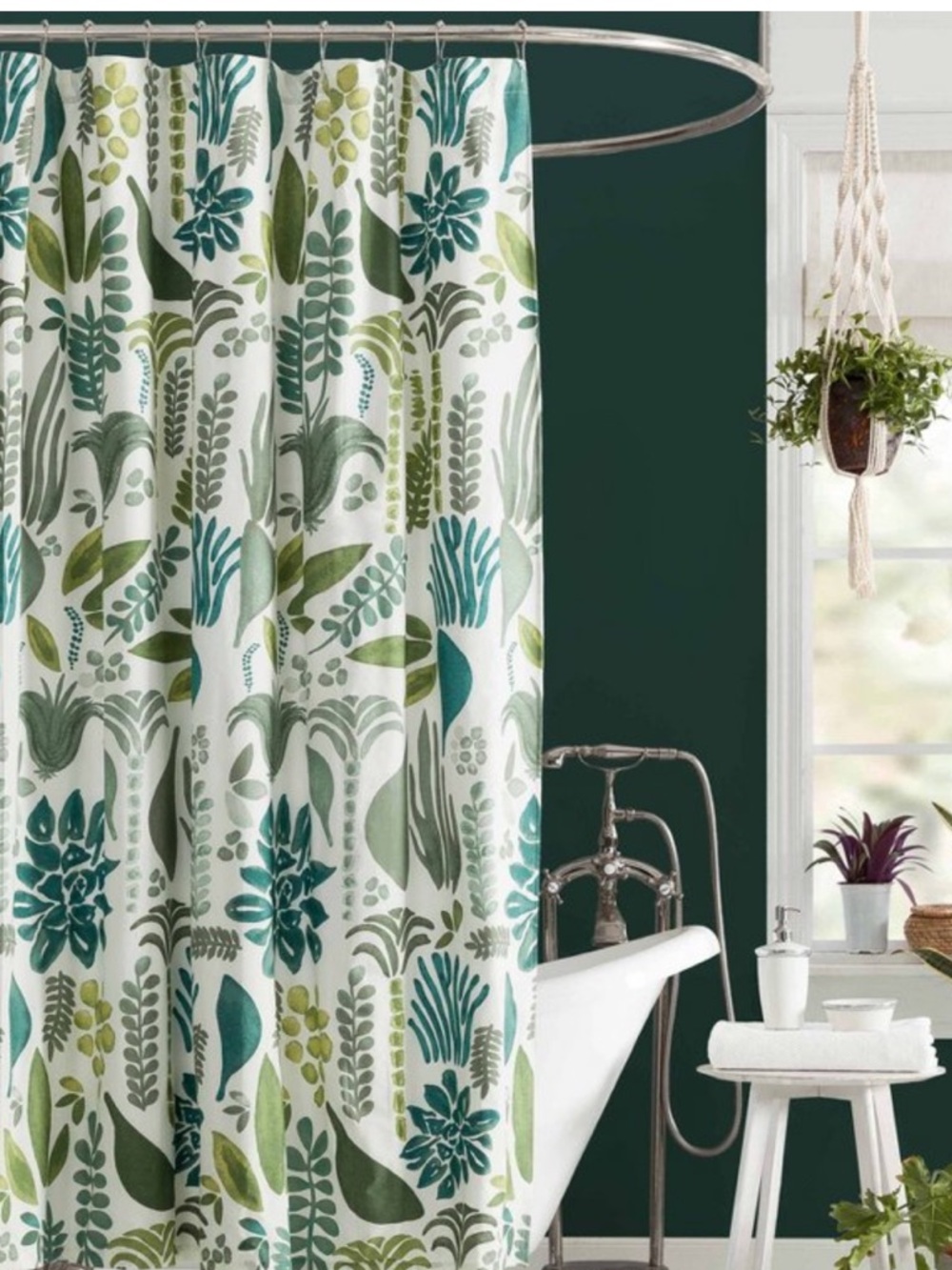 JUNGALOW NWT Jardin Shower Curtain Green/Blue 100% Cotton-Botanical Pattern